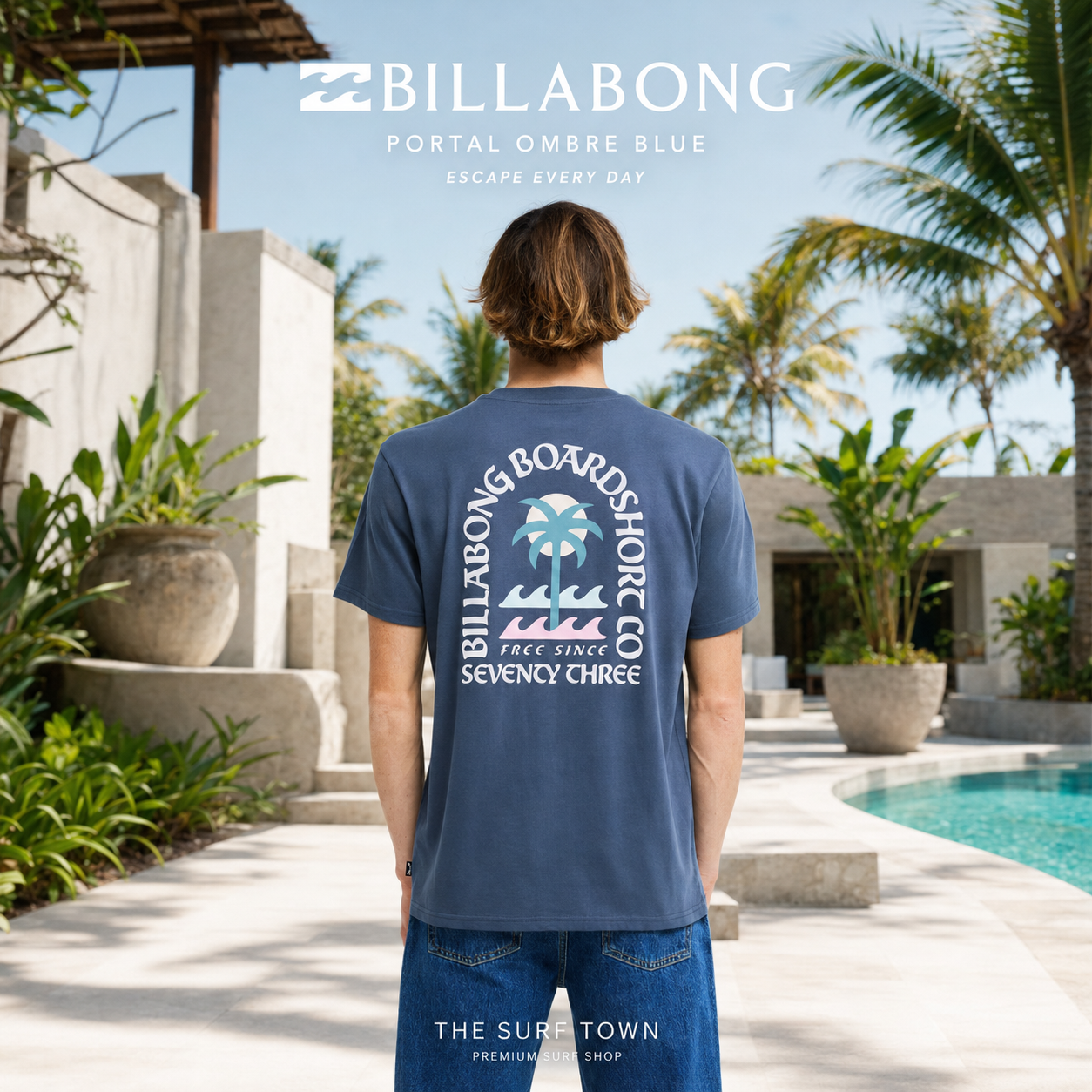 Camiseta Billabong Portal Ombre Blue para hombre con estampado trasero, fotografía editorial exclusiva de THE SURF TOWN