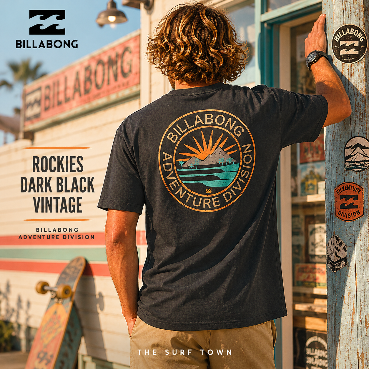 Camiseta Billabong Rockies Dark Black Vintage para hombre con estampado Adventure Division en la espalda