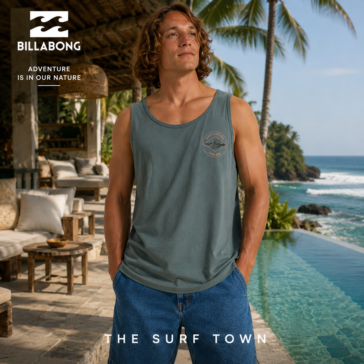 Camiseta de tirantes Billabong Rotor Diamond Tank Dark Slate para hombre en beach club tropical premium de Bali, fotografía editorial propia de THE SURF TOWN inspirada en el surf lifestyle internacional