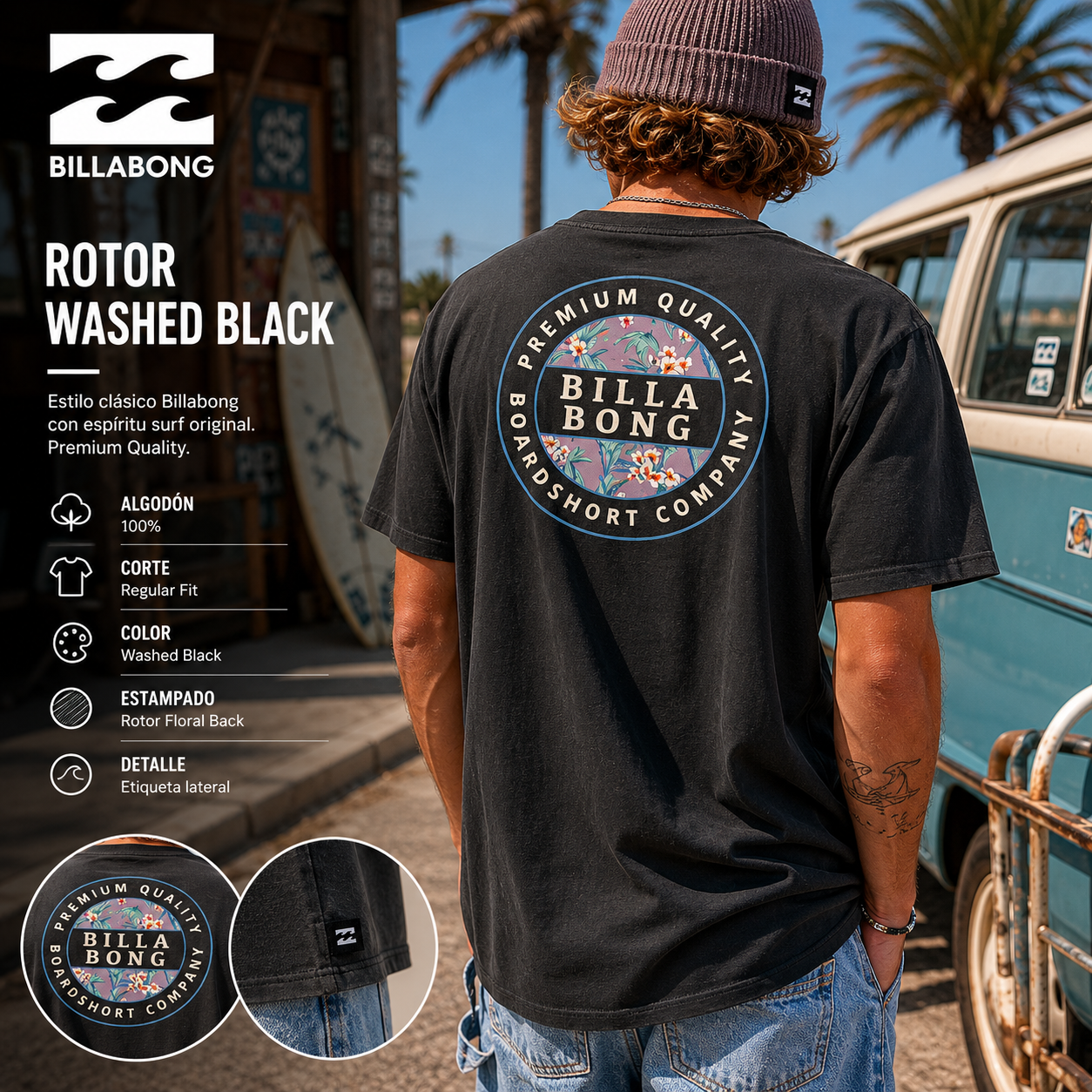 Camiseta Billabong Rotor Washed Black negra con gráfico trasero floral en escena surf lifestyle coastal roadtrip