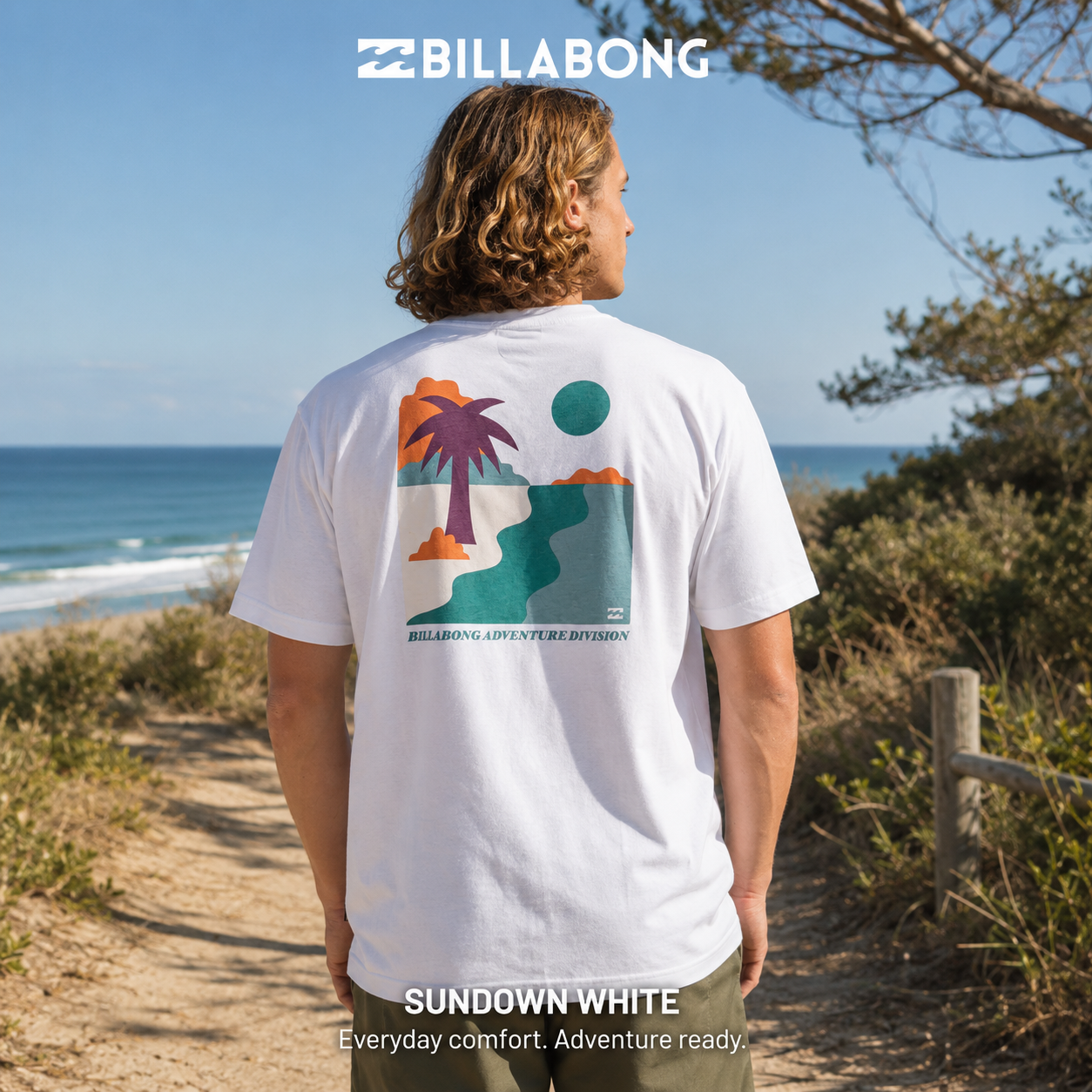 Camiseta Billabong Sundown White para hombre en color blanco con gráfico trasero tropical Adventure Division y estilo surf lifestyle