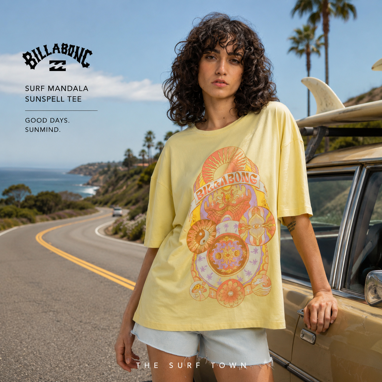 Camiseta Billabong Surf Mandala Sunspell para mujer en fotografía lifestyle premium sobre carretera coastal con estilo surf y roadtrip California