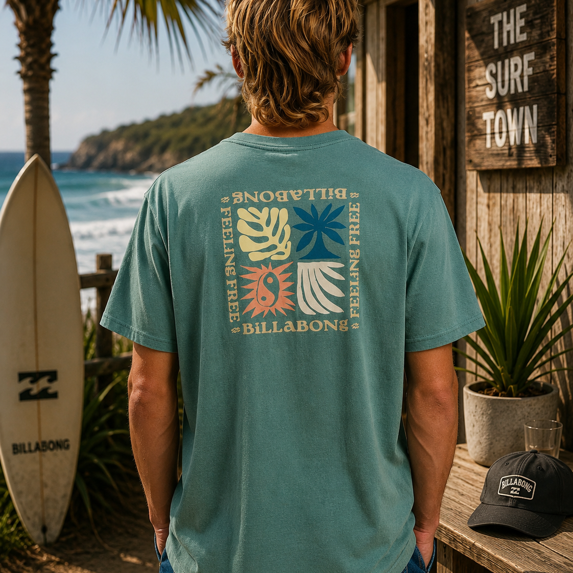 Camiseta Billabong verde agua hombre con estampado trasero estilo surf lifestyle premium junto al mar