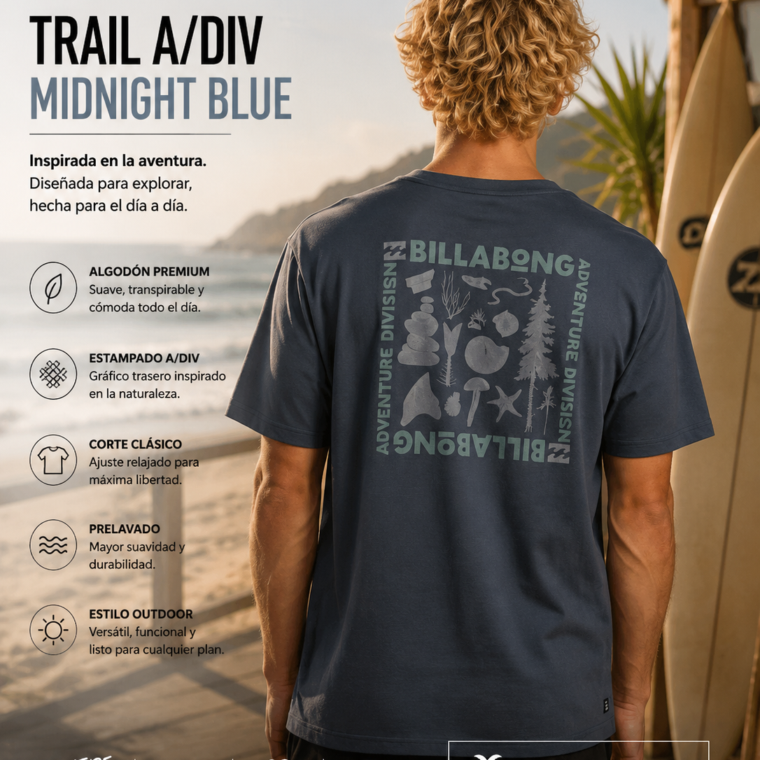 Camiseta Billabong Trail A Div Midnight Blue hombre estilo outdoor surf premium junto al mar