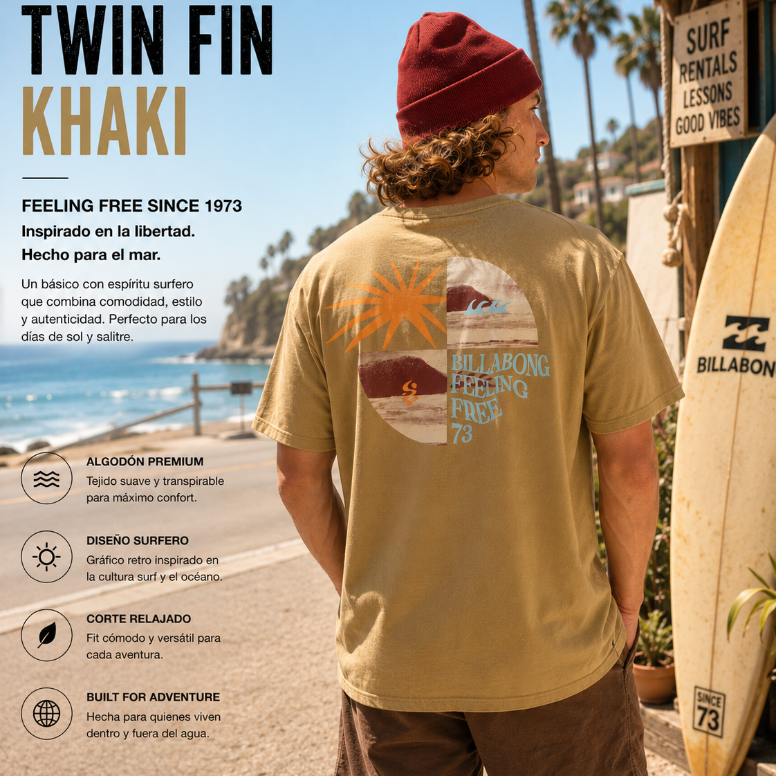Camiseta Billabong Twin Fin Khaki hombre estilo surf california premium