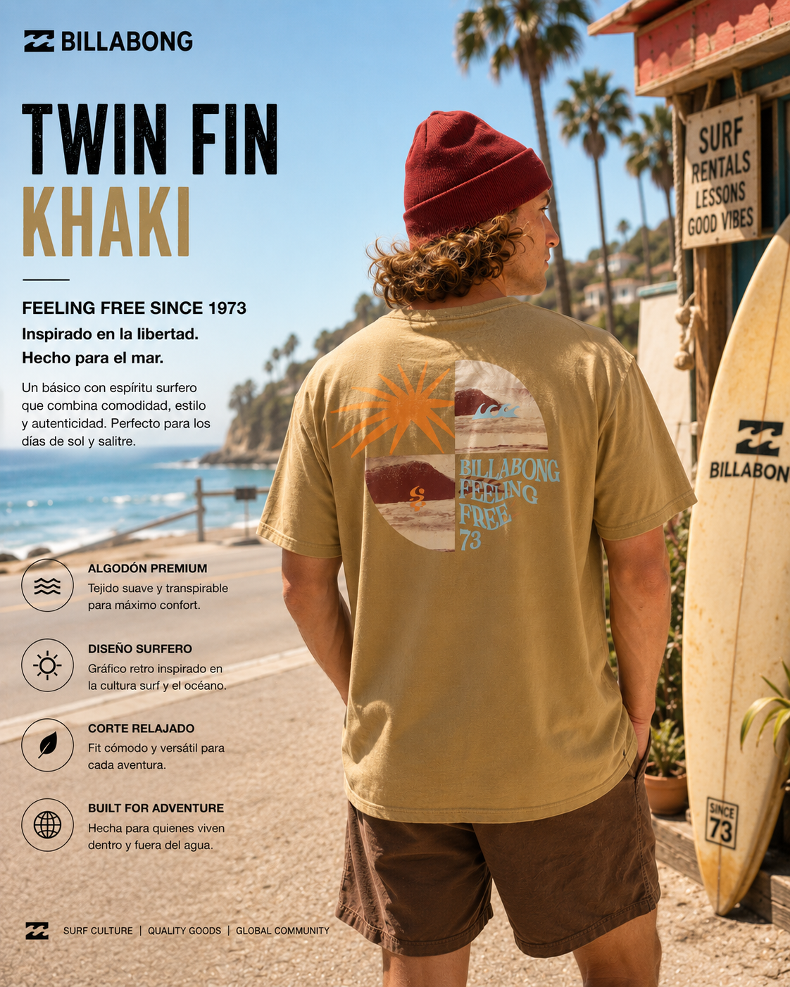 Camiseta Billabong Twin Fin Khaki hombre estilo surf california premium