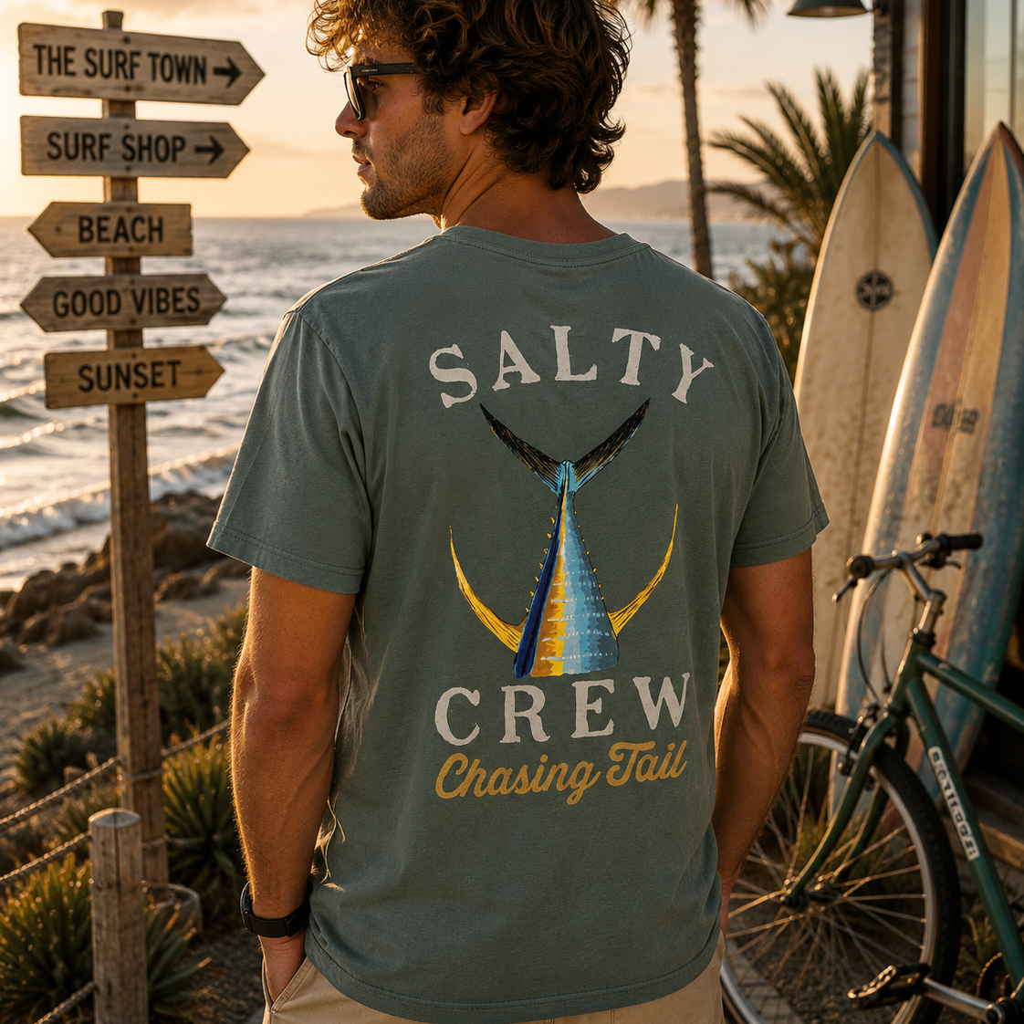 Camiseta hombre Salty Crew Tailed SS Tee color laurel wreath en paseo marítimo surf lifestyle premium con carteles The Surf Town y surf shop frente al mar Costa del Sol
