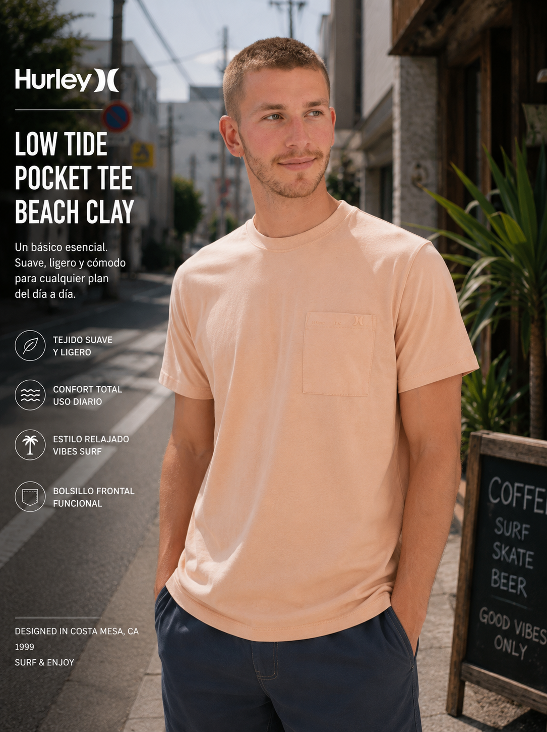 Camiseta Hurley Low Tide Pocket Beach Clay para hombre en escena urbana Japón daylight lifestyle premium