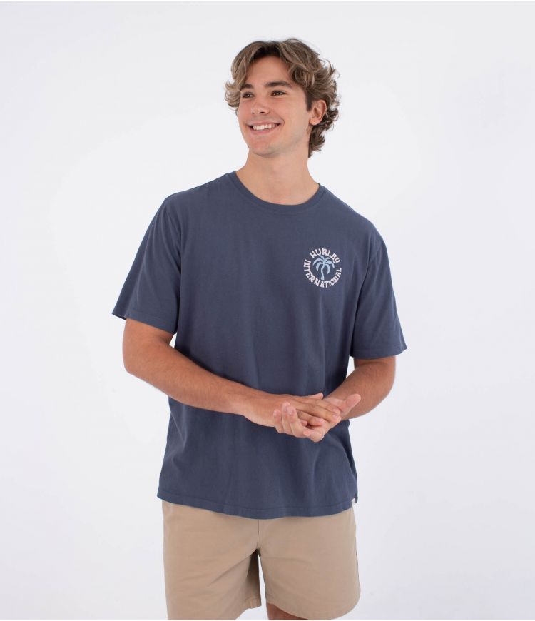 Camiseta Hurley Palm Monsoon hombre azul con logo frontal y estampado trasero estilo surf