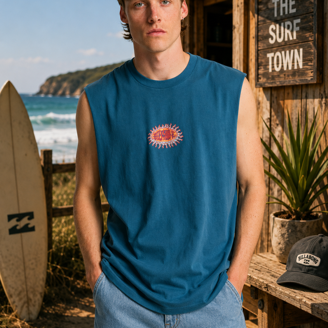 Camiseta muscle Billabong azul teal hombre estilo surf lifestyle premium frente al mar
