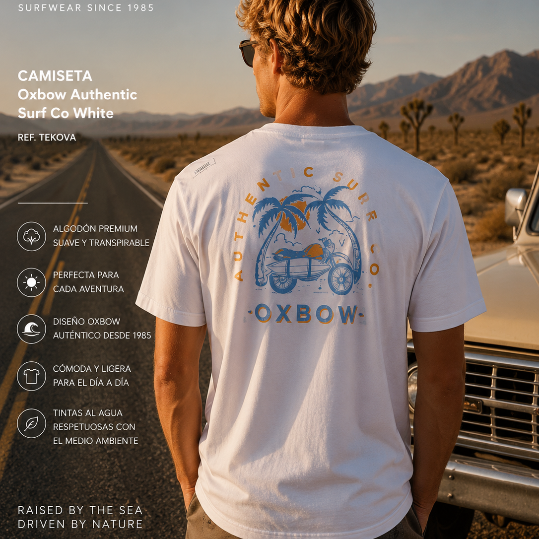 Camiseta Oxbow Cruiser White hombre con gráfica trasera en carretera desértica y estética editorial cinematográfica roadtrip surf