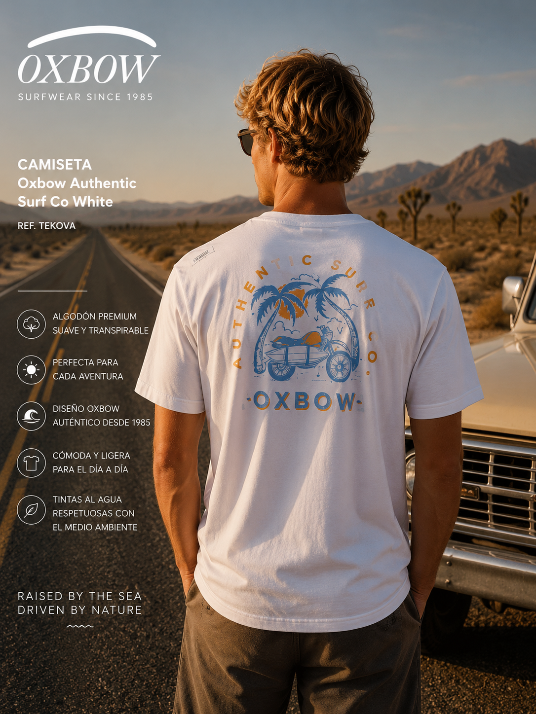 Camiseta Oxbow Cruiser White hombre con gráfica trasera en carretera desértica y estética editorial cinematográfica roadtrip surf