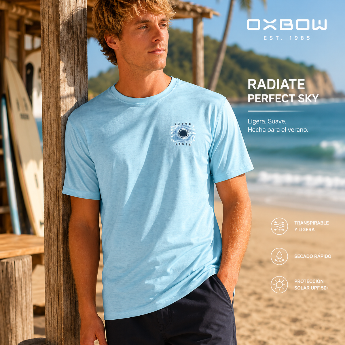 Camiseta Oxbow Radiate Perfect Sky para hombre en escena surf lifestyle premium junto al mar