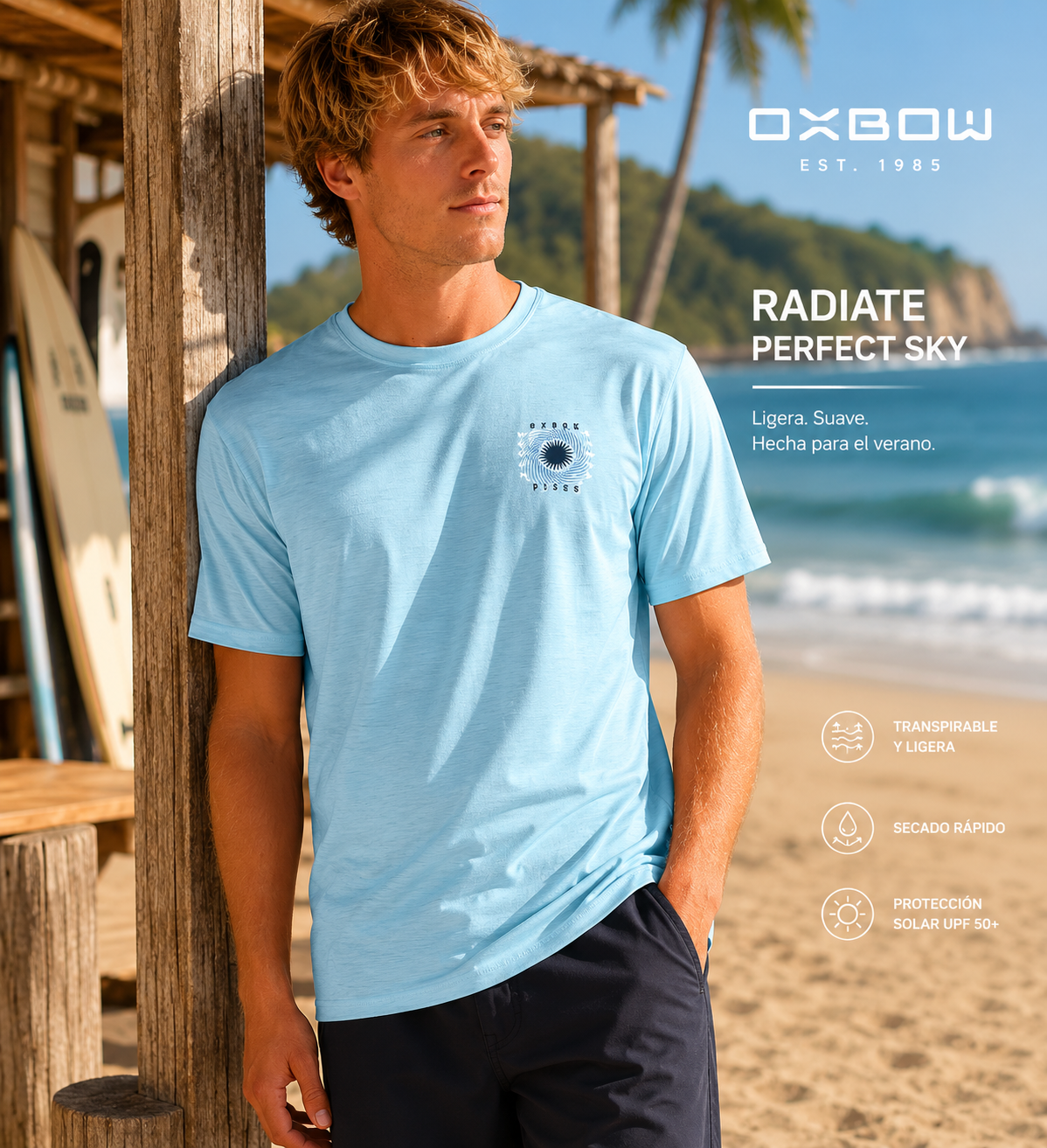 Camiseta Oxbow Radiate Perfect Sky para hombre en escena surf lifestyle premium junto al mar