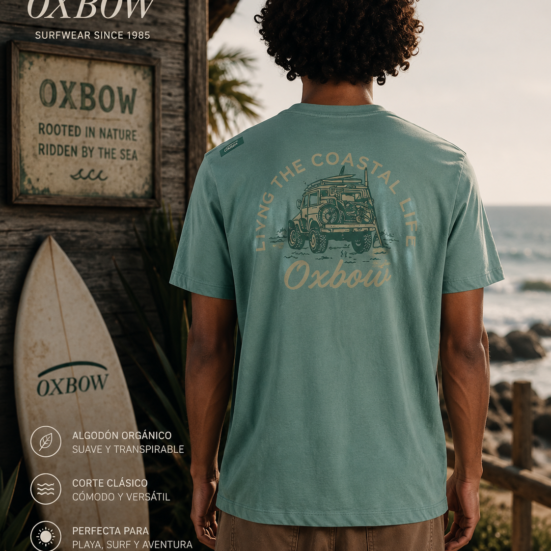 Camiseta Oxbow Weekender Cactus verde hombre con gráfica trasera en escenario coastal roadtrip premium y estética editorial surf cinematográfica