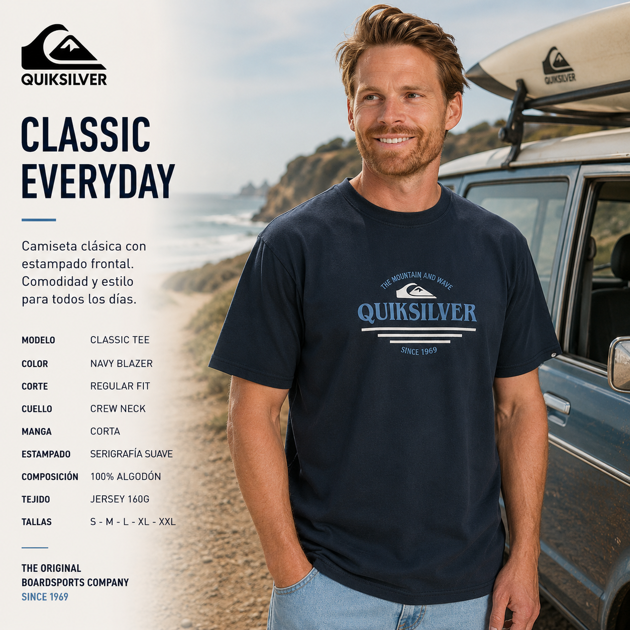 Camiseta Quiksilver Classic Tee Navy Blazer azul marino con logo frontal en escena surf coastal roadtrip lifestyle