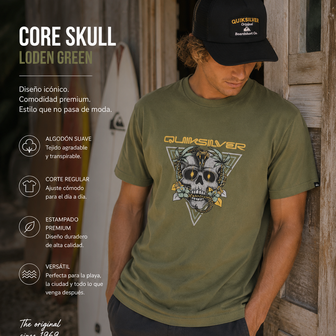 Camiseta Quiksilver Core Skull Loden Green estilo surf lifestyle premium para hombre