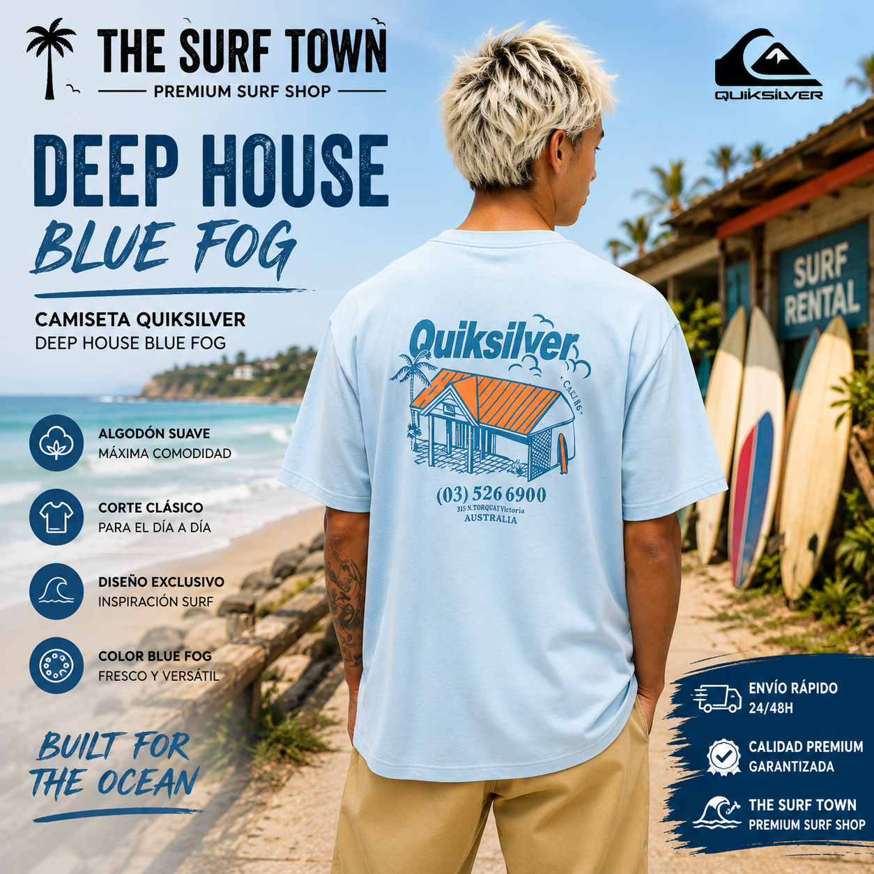 Camiseta Quiksilver Deep House Blue Fog para hombre con ilustración trasera inspirada en una caseta de surf australiana
