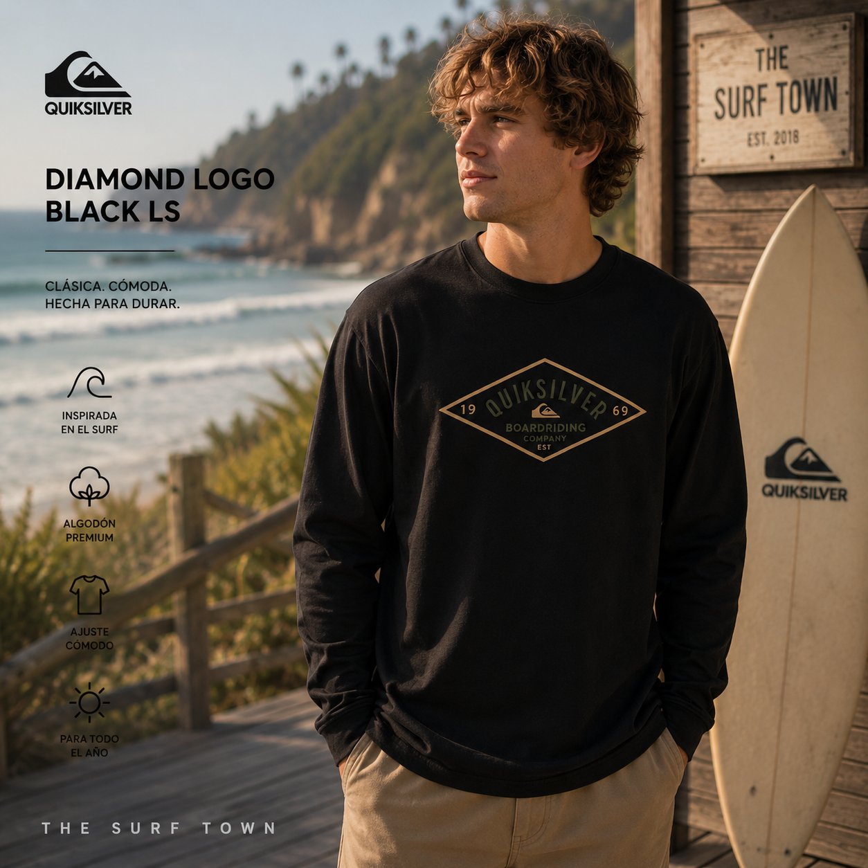 Camiseta Quiksilver Diamond Logo Black LS en entorno surf lifestyle junto al mar, fotografía editorial propia de THE SURF TOWN con inspiración surfwear clásica y estilo masculino premium
