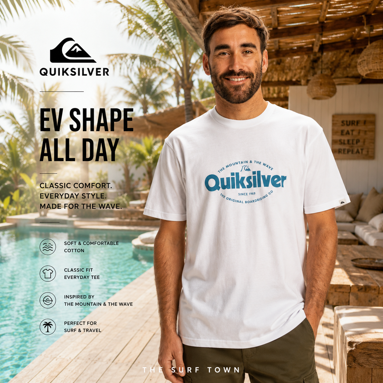 Fotografía propia de THE SURF TOWN de la camiseta Quiksilver Ev Shape All Day White para hombre en beach club Bali premium con ambiente surf lifestyle tropical