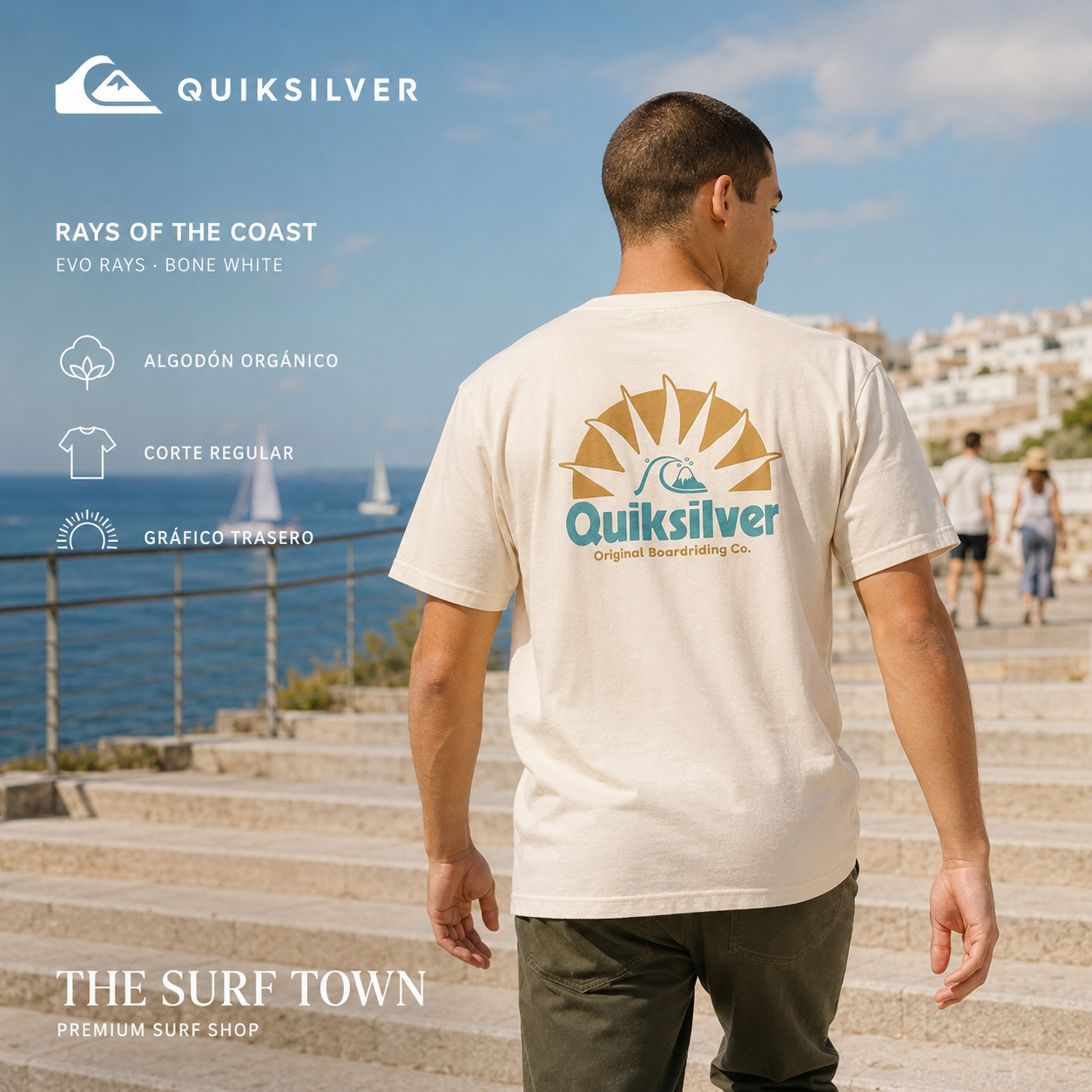 Camiseta Quiksilver Evo Rays Bone White para hombre con gráfico trasero, imagen editorial propia de THE SURF TOWN