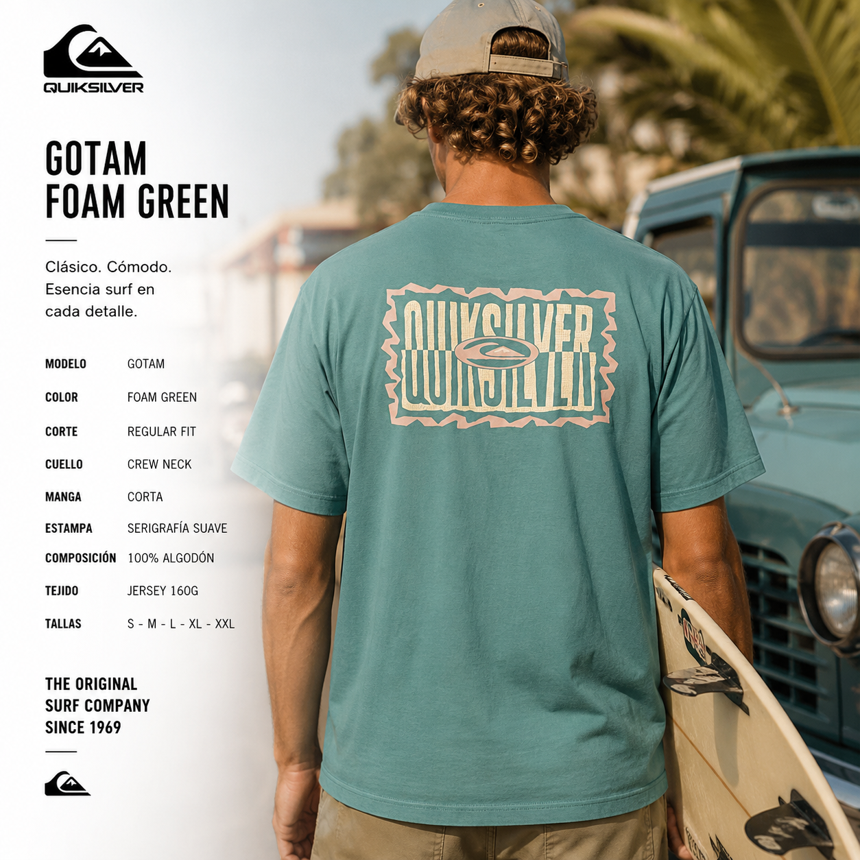 Camiseta Quiksilver Gotam Foam Green verde foam con gráfico trasero logo Quiksilver en escena surf coastal roadtrip