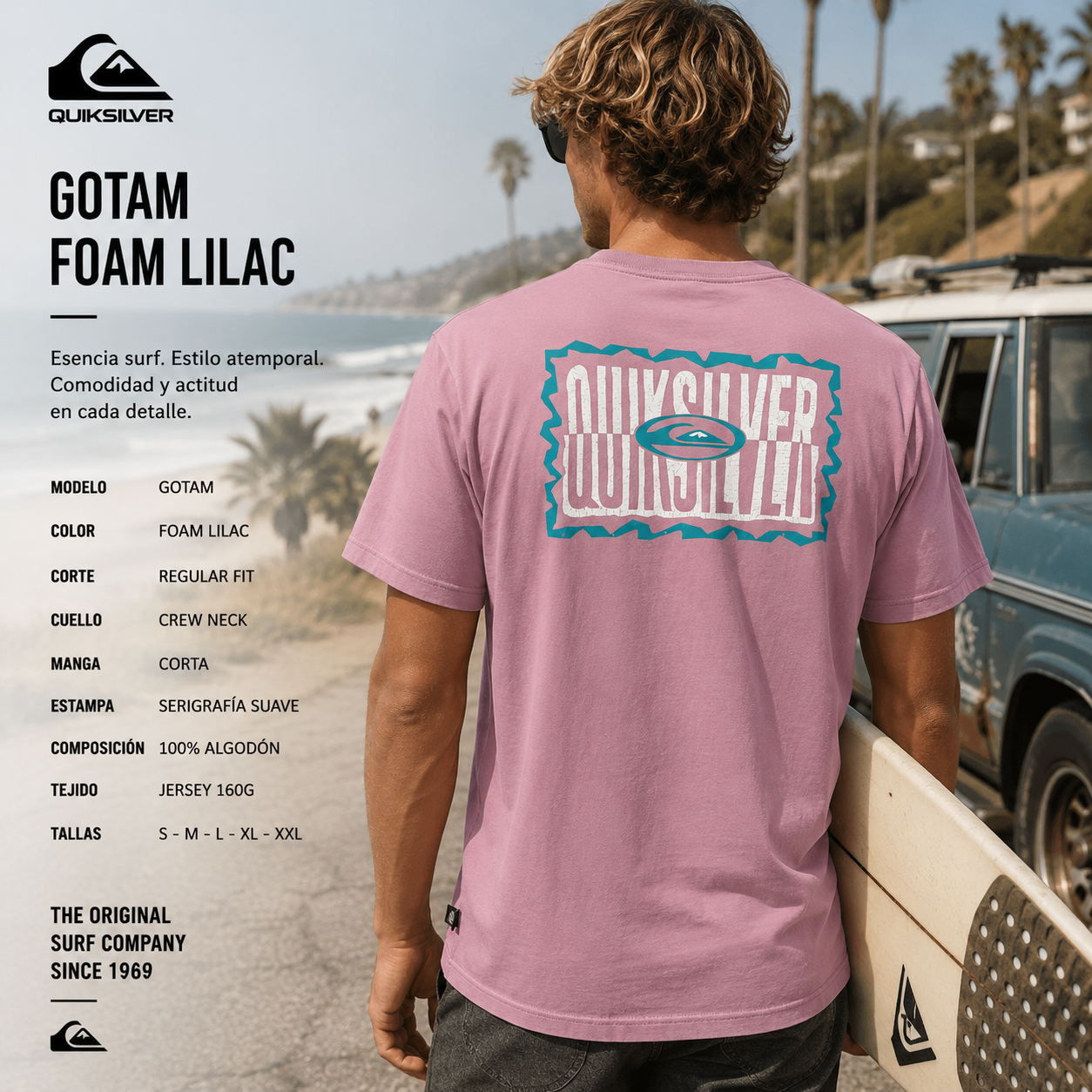 Camiseta Quiksilver Gotam Foam Lilac rosa lila con gráfico trasero Quiksilver en escena editorial surf coastal California