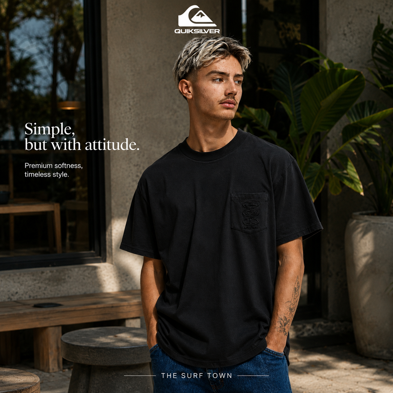 Camiseta Quiksilver Oxni Washed Black para hombre en fotografía editorial propia de THE SURF TOWN con estilo surfwear premium y look urbano contemporáneo.