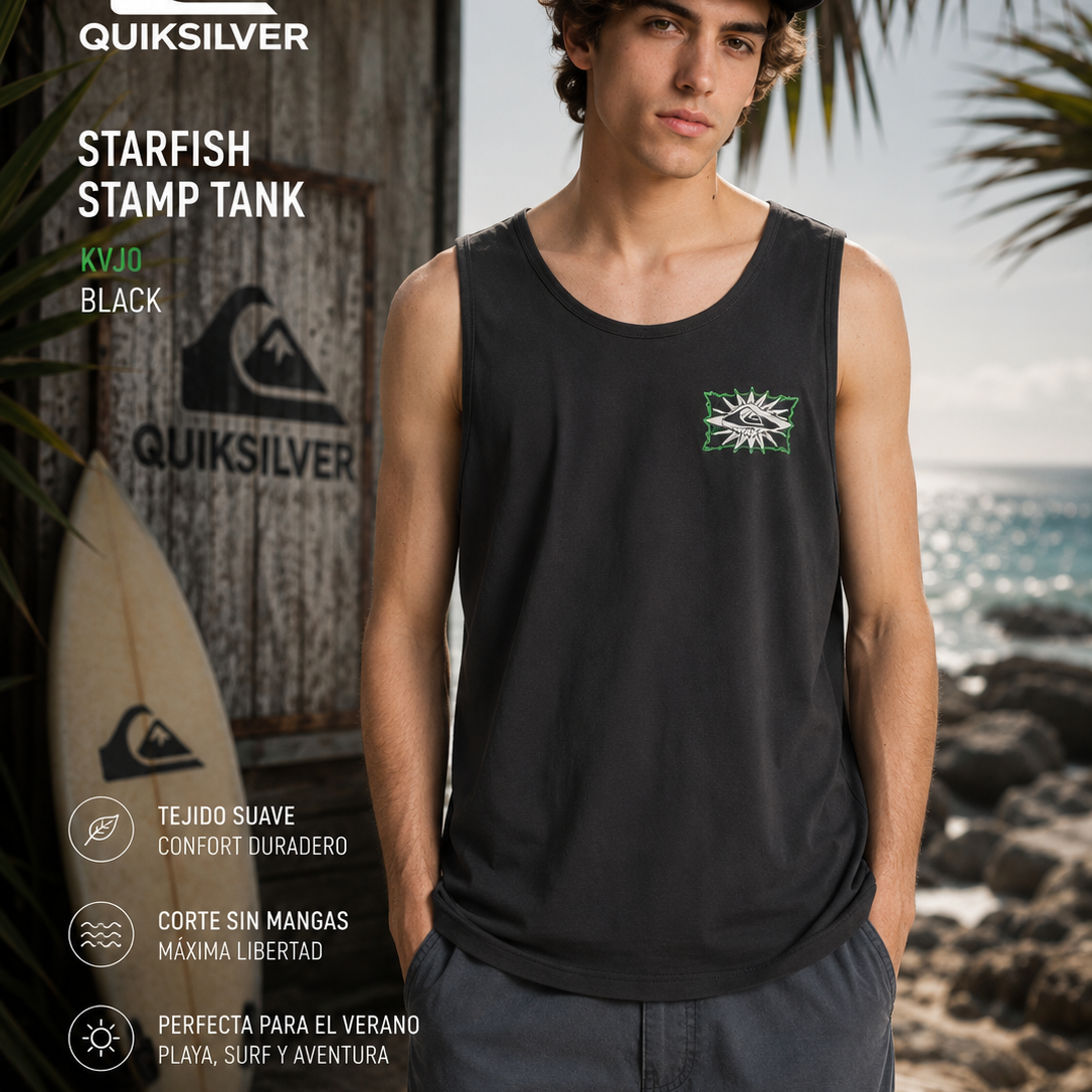 Camiseta de tirantes Quiksilver Starfish Stamp Tarmac hombre en escenario surf coastal premium con estética editorial cinematográfica