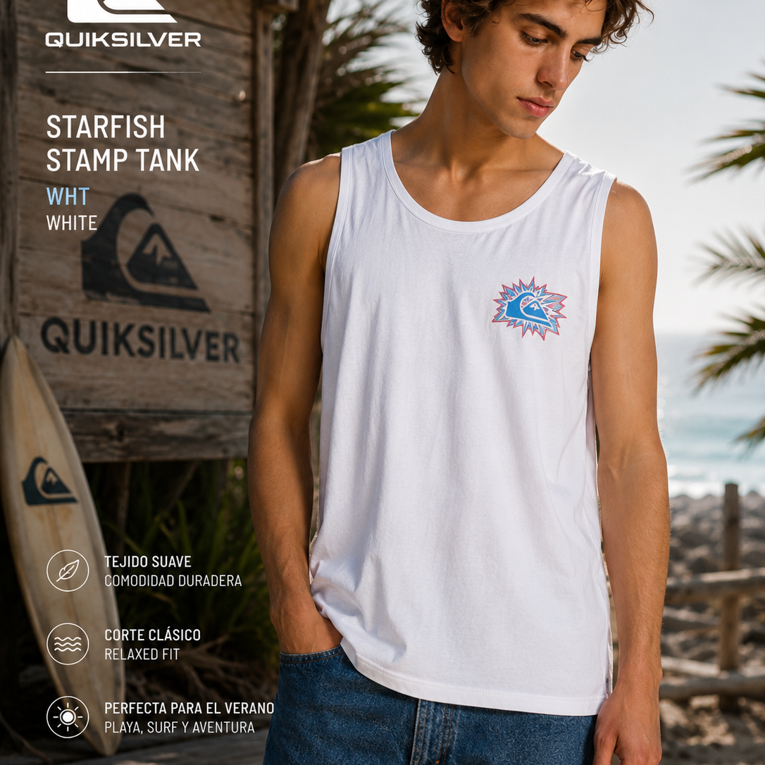 Camiseta de tirantes Quiksilver Starfish Stamp White hombre en escenario surf tropical premium con estética editorial cinematográfica y beach shack