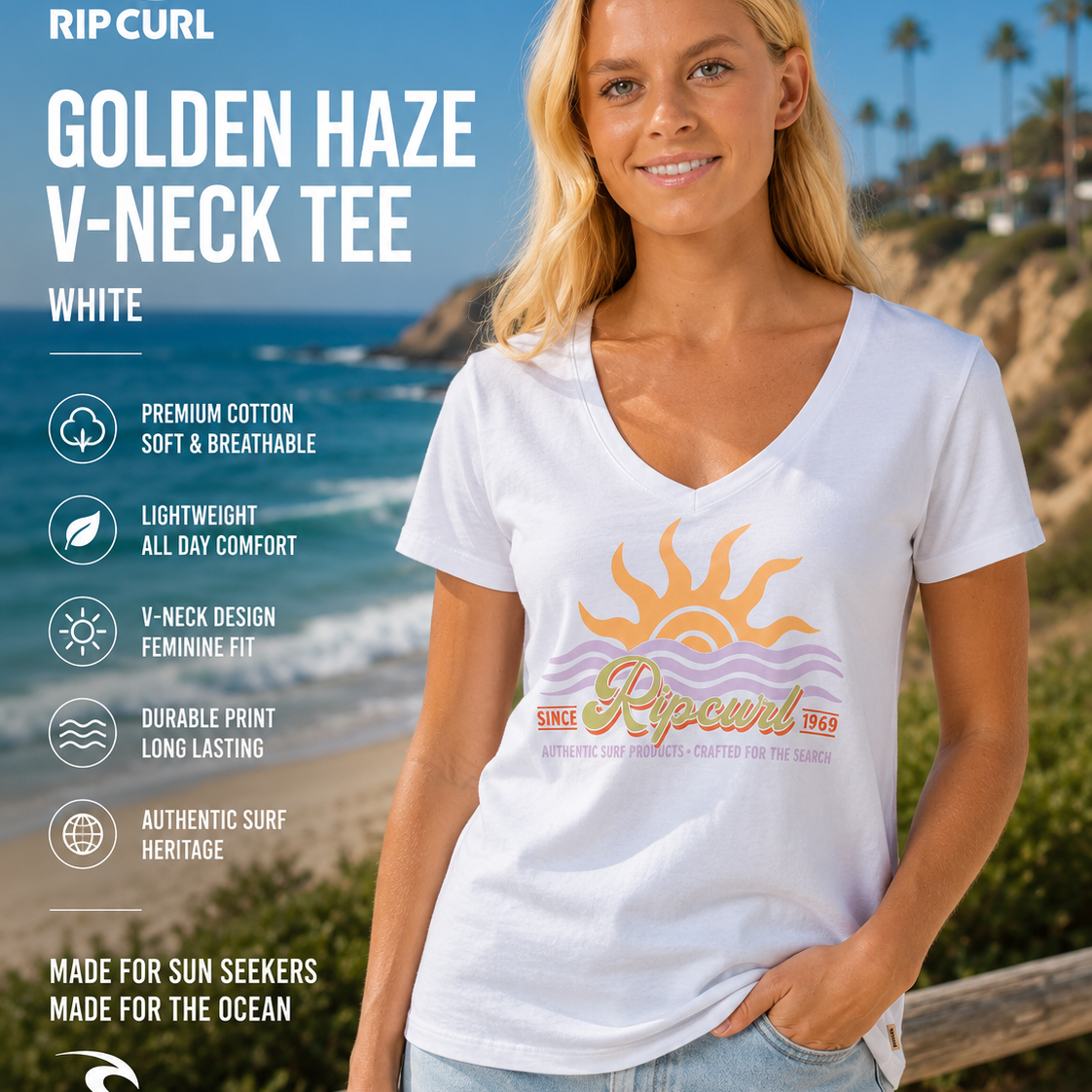 Camiseta Rip Curl Cala Vneck White Mujer en playa luminosa con estética surf lifestyle femenina premium