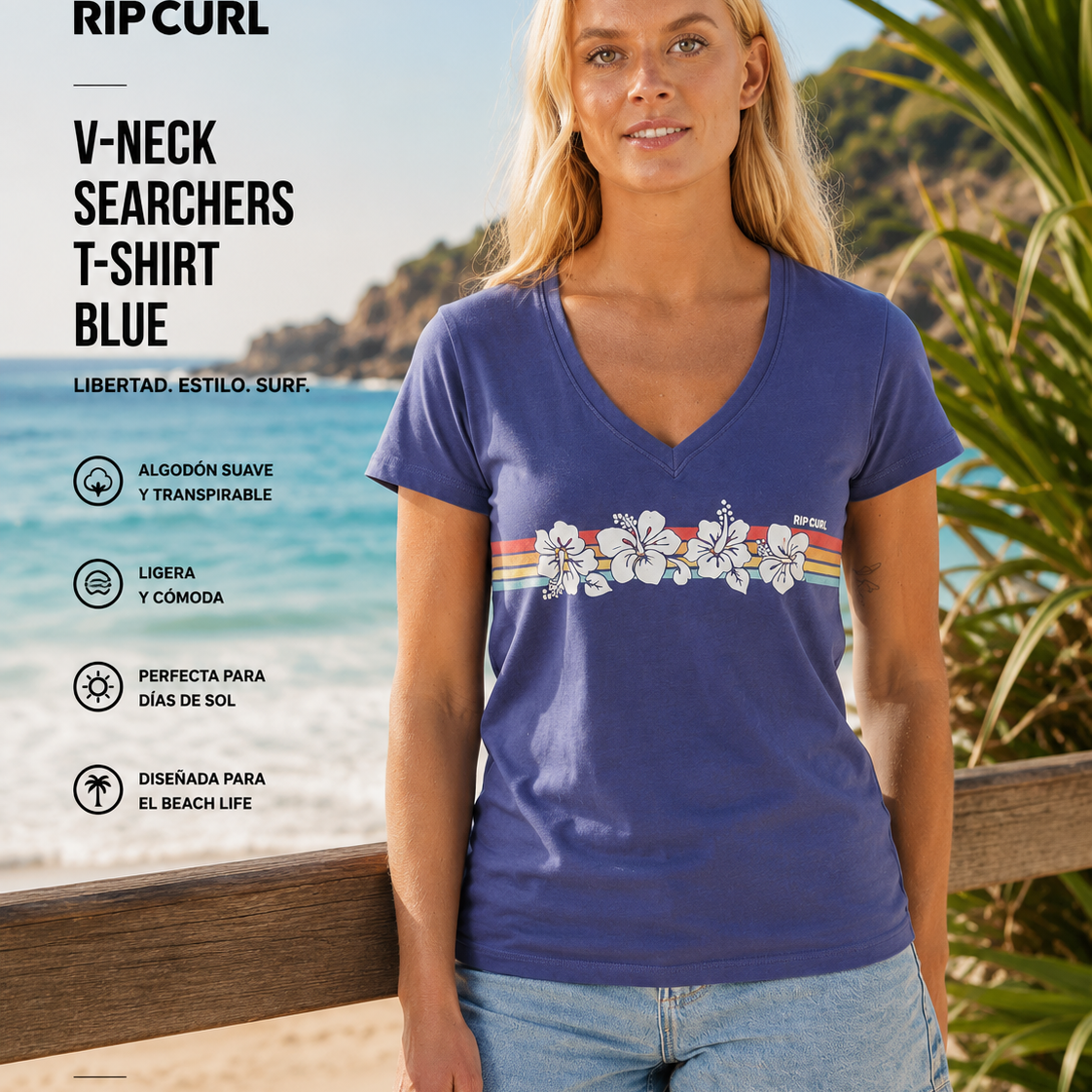 Camiseta Rip Curl Keepsakes V Neck Blue para mujer con estilo surfwear femenino y beach lifestyle