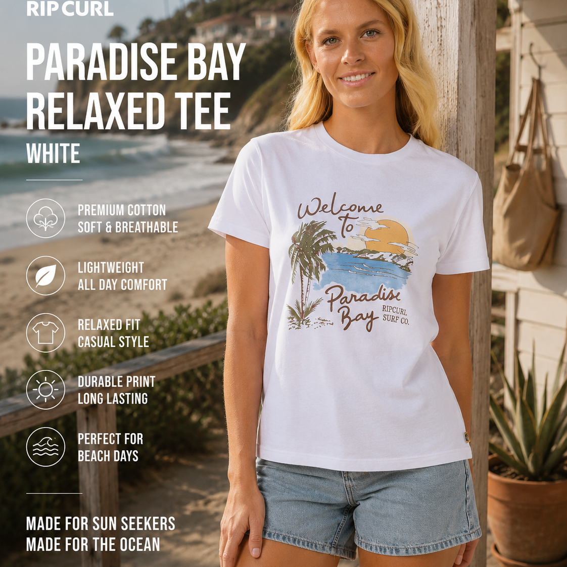 Camiseta Rip Curl Paradise Bay White Mujer integrada en escena coastal premium con estética surf lifestyle femenina