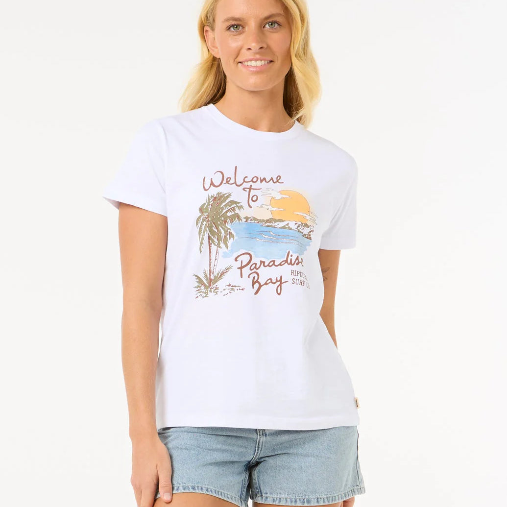 Camiseta RIP CURL Paradise Bay White mujer camiseta blanca estampado surf verano
