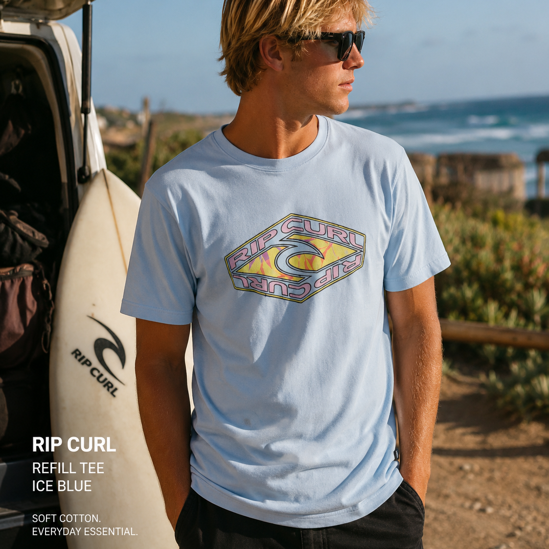 Camiseta Rip Curl Refill Tee Ice Blue lifestyle surf editorial premium hombre