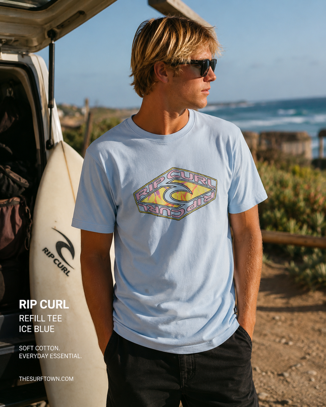 Camiseta Rip Curl Refill Tee Ice Blue lifestyle surf editorial premium hombre