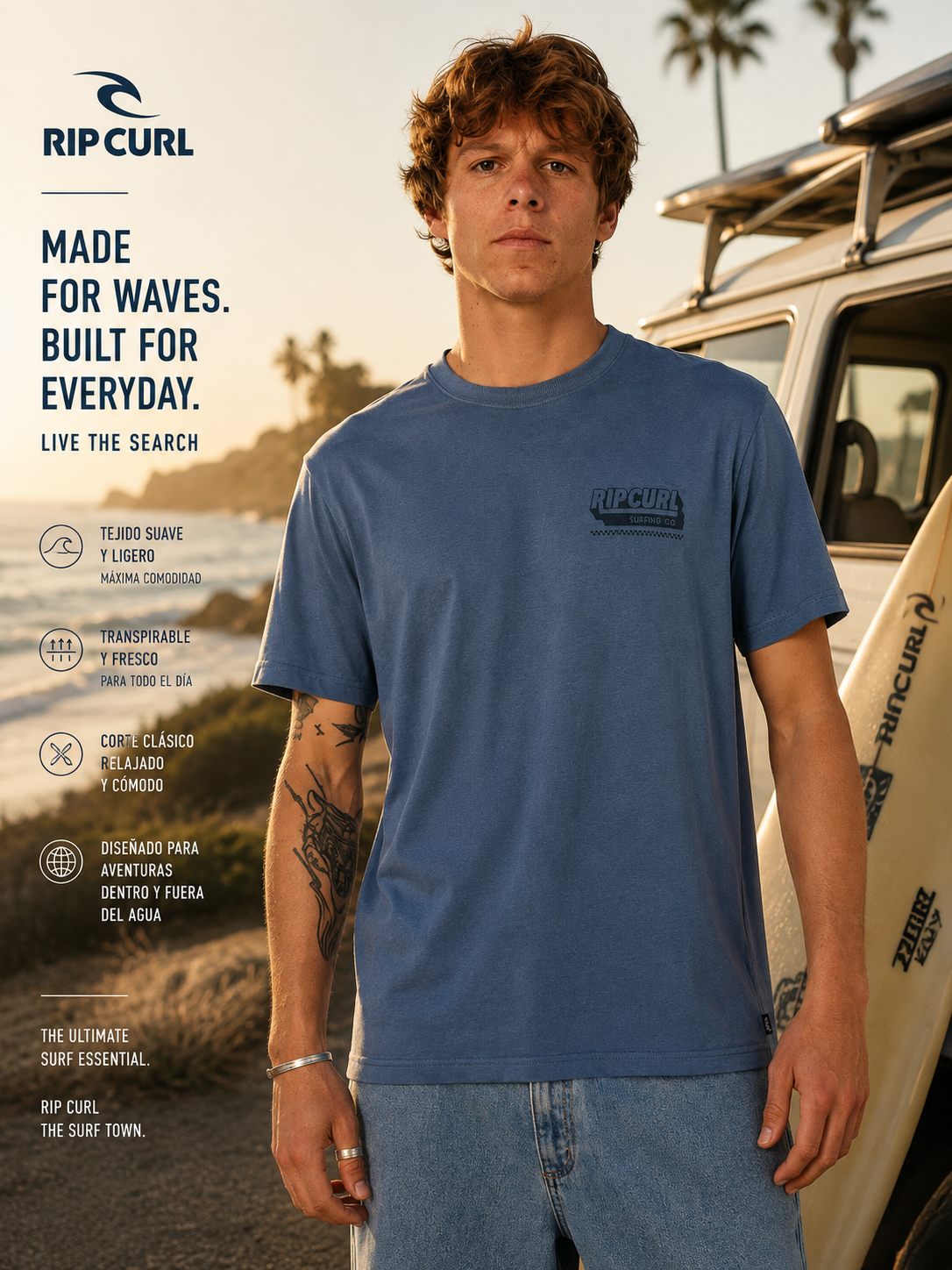 Camiseta Rip Curl Sportline FB Bluefin para hombre en escena surf lifestyle cinema aesthetic junto a playa y furgoneta surf