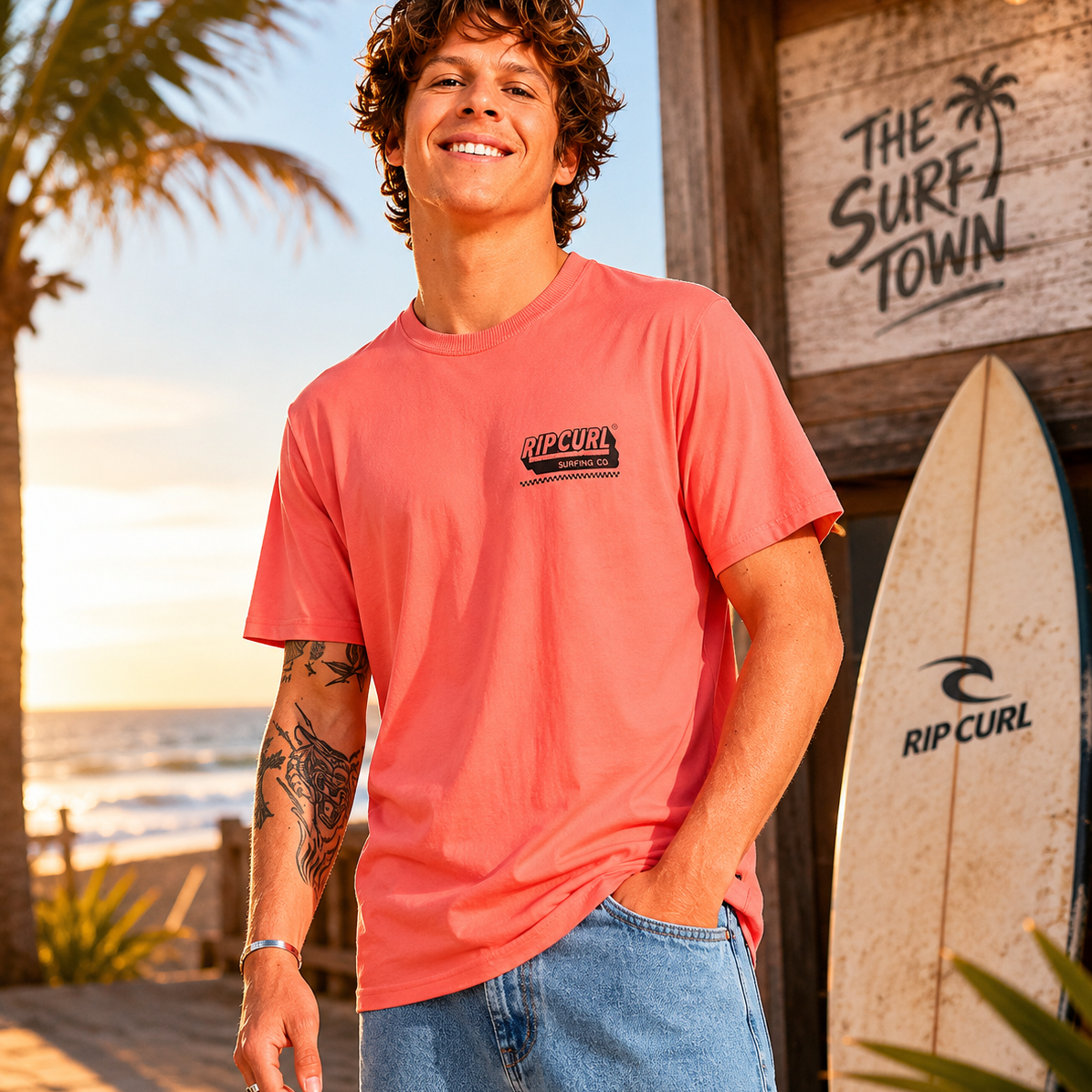 Camiseta Rip Curl rosa hombre estilo surf lifestyle premium junto a surf shack en la playa