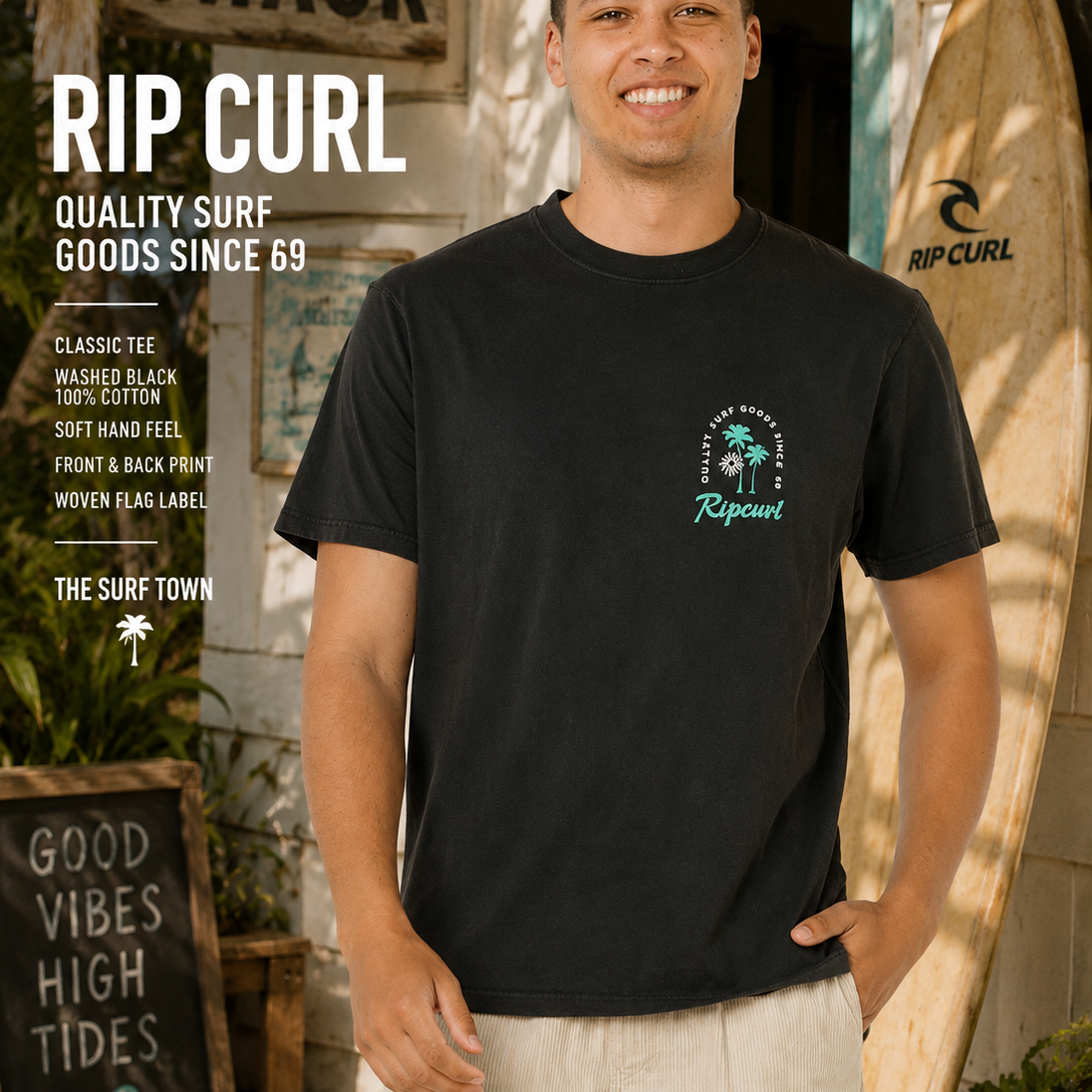 Camiseta Rip Curl Sunset Mod California Washed Black en escenario surf shack tropical con estética surf lifestyle premium