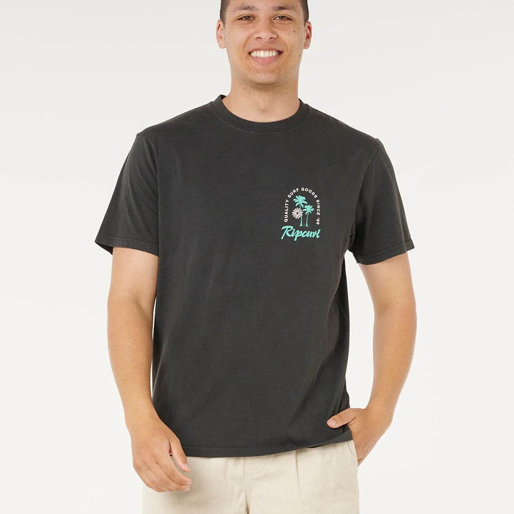 Camiseta RIP CURL Sunset Mod California Washed Black negra con gráfico surf de atardecer en la espalda para hombre