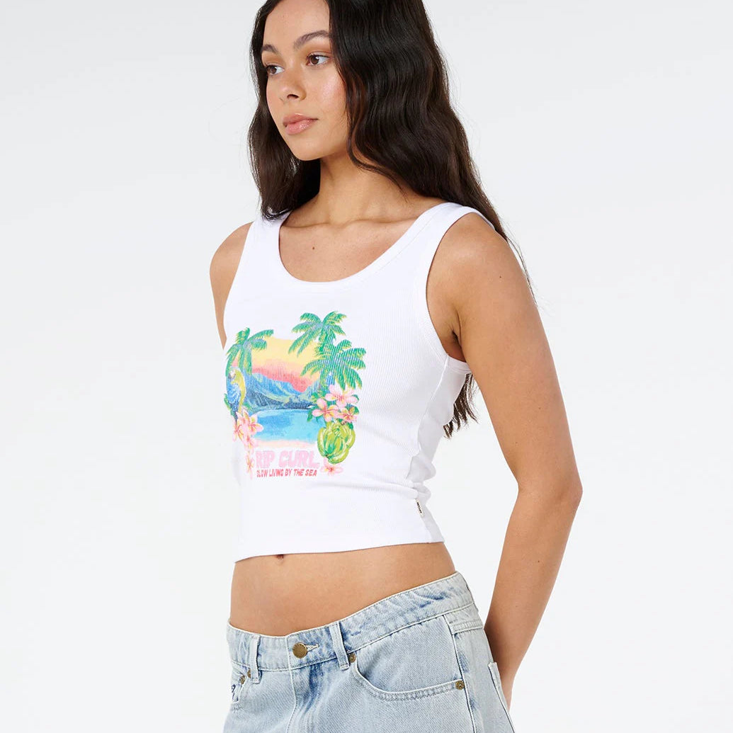 Camiseta Rip Curl Topanga Canyon Tank White para mujer con diseño tropical estilo surf lifestyle verano