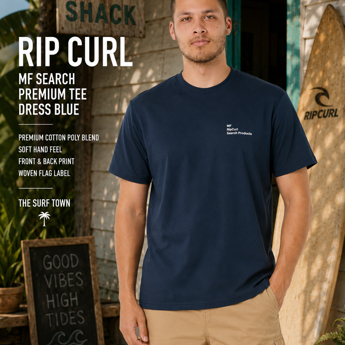 Camiseta Rip Curl Vaporcool Mick Fanning Navy en surf shack tropical premium con estética surf lifestyle masculina