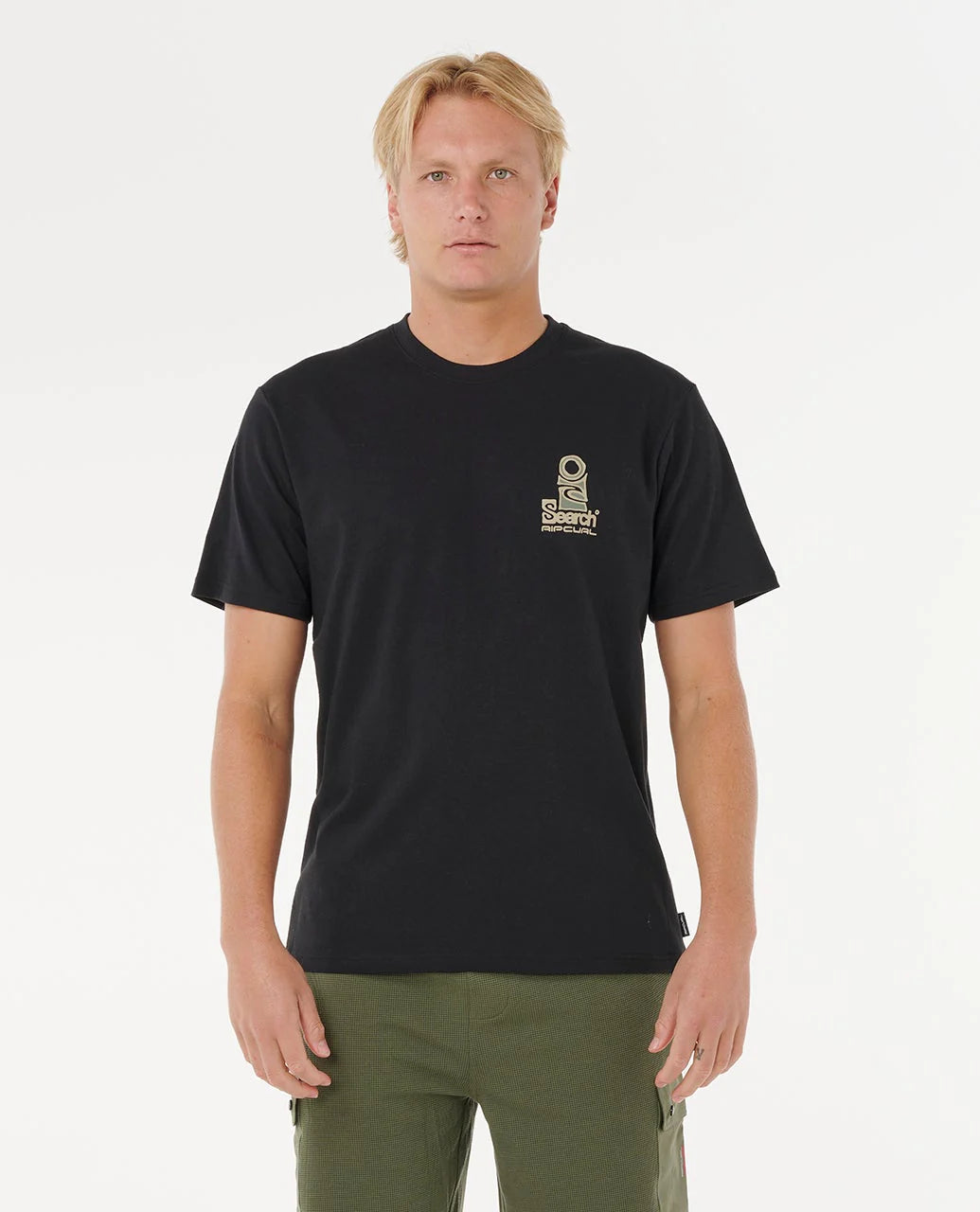 Camiseta RIP CURL VaporCool Search Stack negra con logo gráfico surf en pecho y espalda