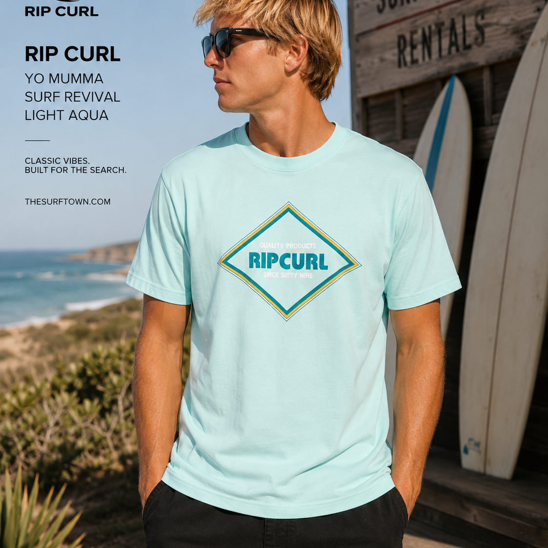 Camiseta Rip Curl Yo Mumma Surf Revival Light Aqua lifestyle surf premium editorial hombre