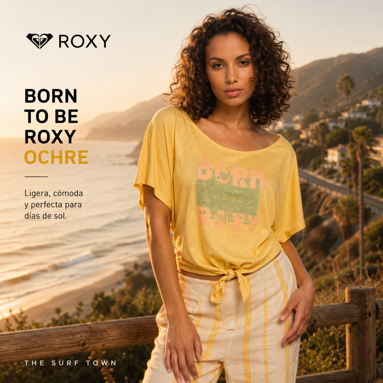Camiseta Roxy Born To Be Roxy Ochre en fotografía editorial propia de THE SURF TOWN con experiencia coastal premium y estilo beach lifestyle femenino