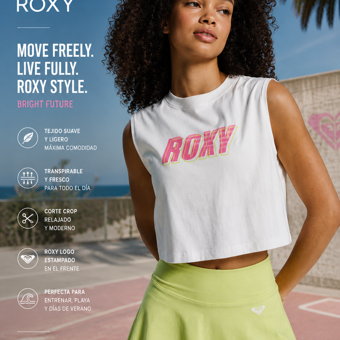 Crop top Roxy Essential Energy Coconut Milk para mujer en escena fitness surf lifestyle premium al aire libre