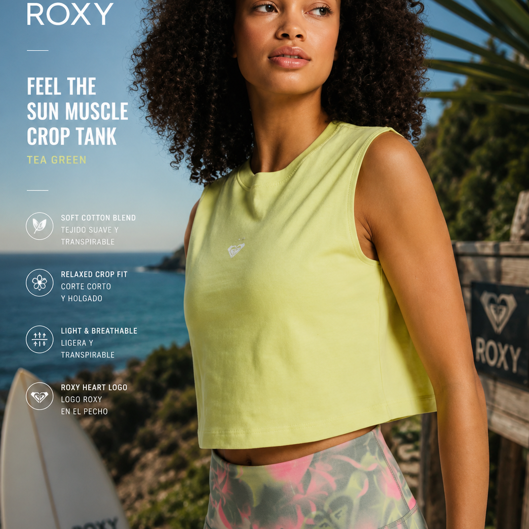 Crop top Roxy Essential Energy Daiquiri Green para mujer en escena lifestyle fitness surf premium junto al mar
