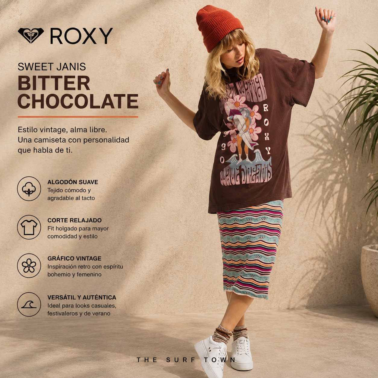 Camiseta Roxy Sweet Janis Bitter Chocolate en fotografía editorial propia de THE SURF TOWN con estilo vintage surf, corte oversize y diseño femenino para verano