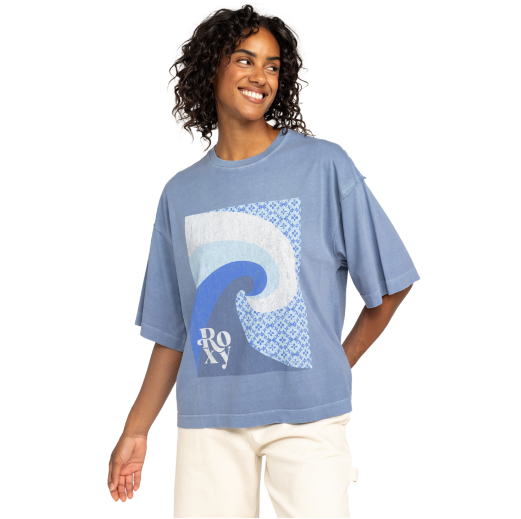 Camiseta ROXY Sweet Shine Wild Wind mujer oversize azul algodón con diseño surf
