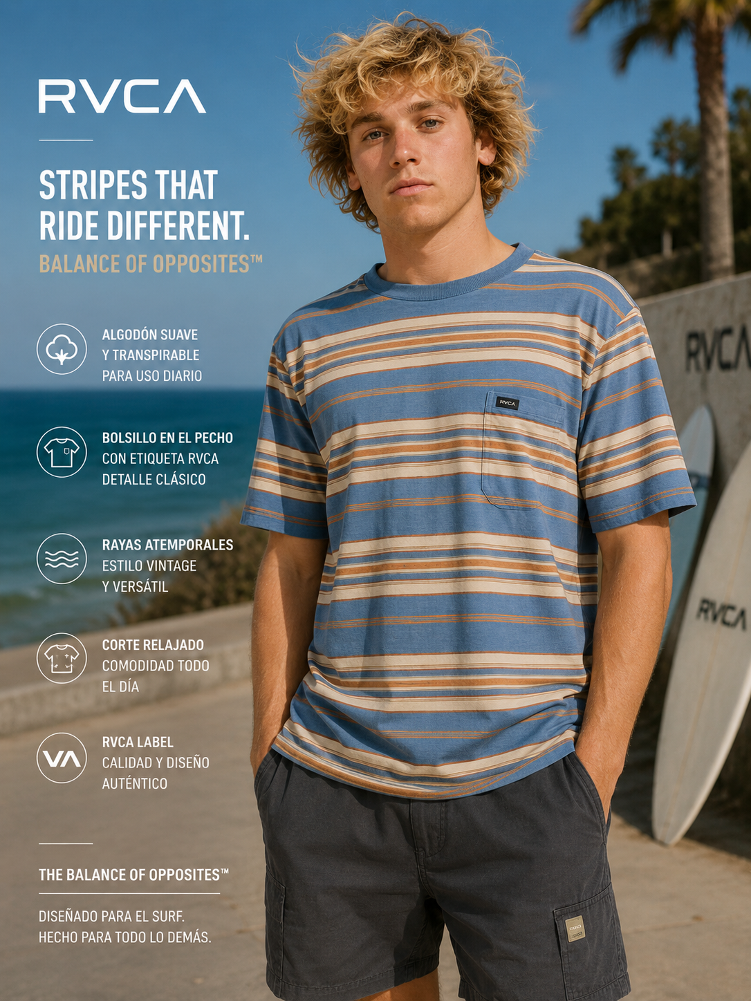 Camiseta RVCA Magnolia Vintage Navy para hombre en escena surf skate lifestyle premium junto al mar
